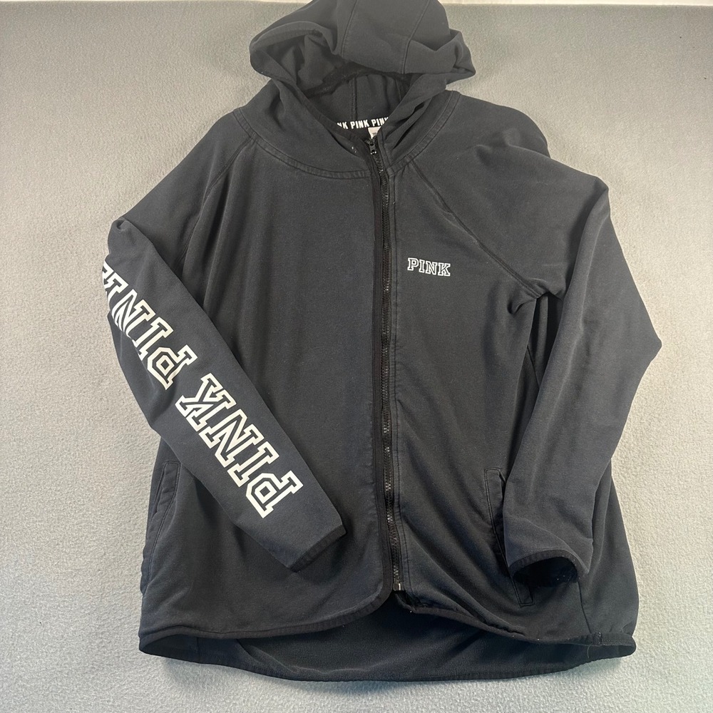 Victoria's Secret PINK Black Full Zip Hoodie Logo Sleeve Sweatshirt Large